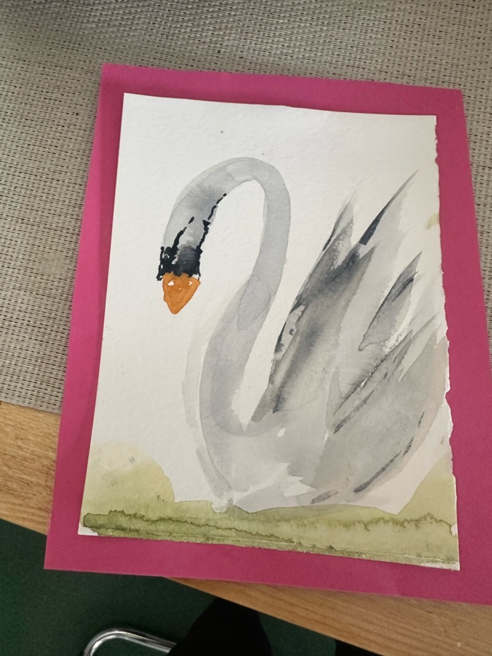 Gray Swan Watercolor Print on Pink Mat